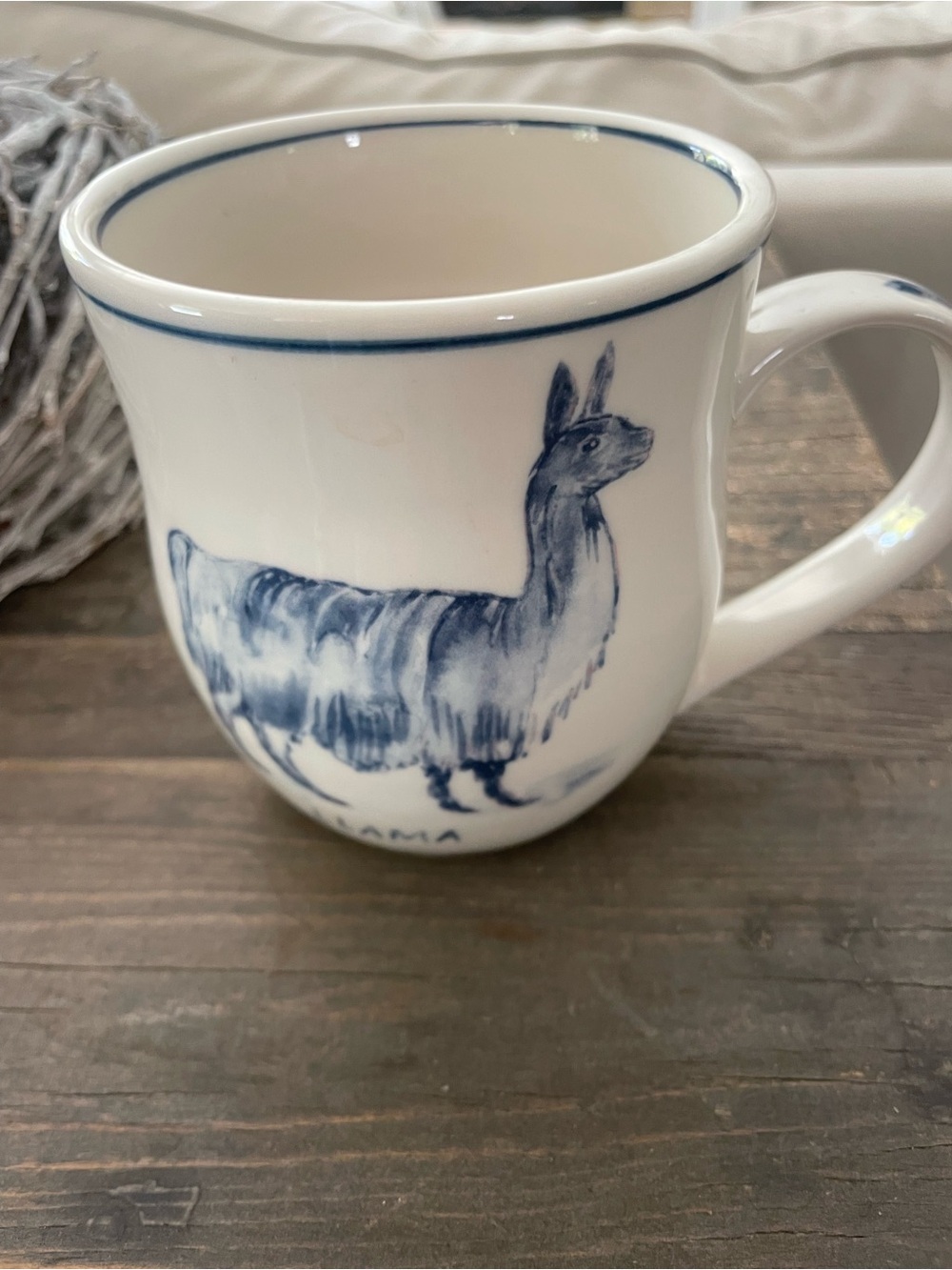 Anthropologie White Mug with Blue Llama Illustration